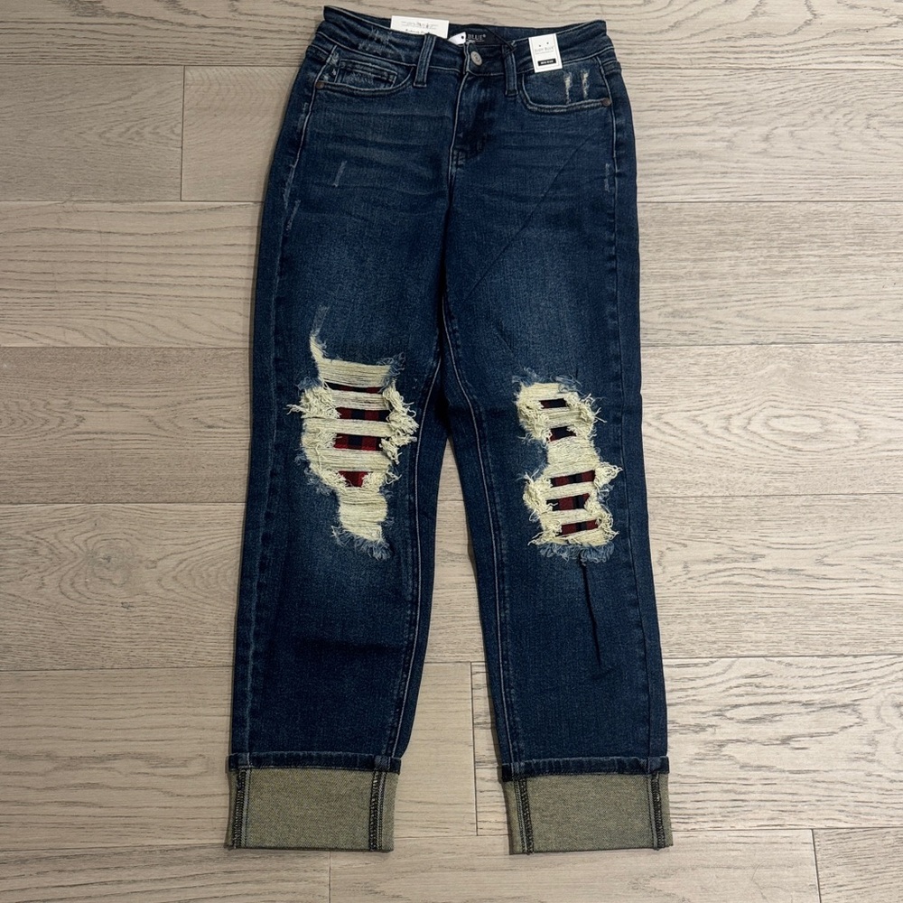 Judy Blue Buffalo plaid Distressed Blue Jeans 0/24 boyfriend fit